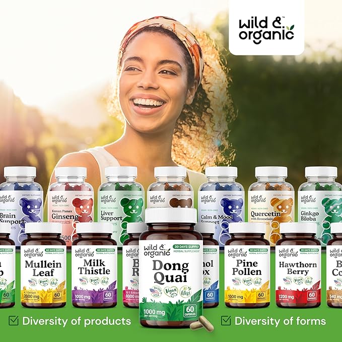 Wild & Organic Dong Quai Capsules for Women - 1000 mg per Serving - Dong Quai Root Supplement - 30-Day Supply - Traditional Angelica Sinensis - Non-GMO, Vegan - 60 Count