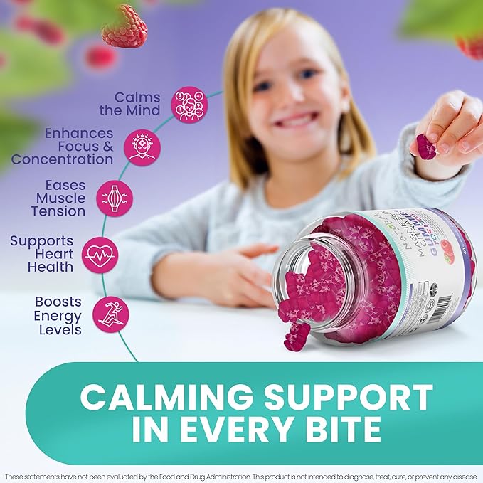Sugar Free Magnesium Gummies for Kids 100mg - Calm & Sleep Support Chewable Magnesium Supplement, Sleep Aid, Anti-Stress, Bone Health, Muscle Relaxation, 30 Vegan Non-GMO Gluten-Free Raspberry Gummies