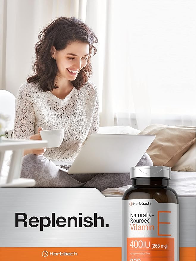 Horbäach Vitamin E Softgel Capsules | 400 iu | 268mg | 300 Count | Non-GMO and Gluten Free Naturally-Sourced Formula | D-Alpha Tocopherol