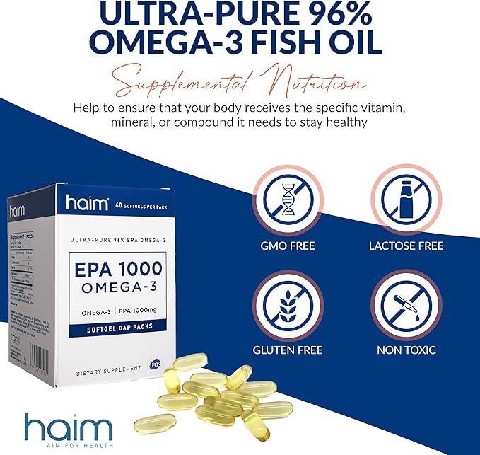Haim EPA1000 – High-Potency EPA Fish Oil Supplement – 1,100mg Omega-3 for Heart, Brain & Joint Health – Pharmaceutical-Grade Softgels – Pure, Burpless Capsules – 60 Softgels – Made in USA