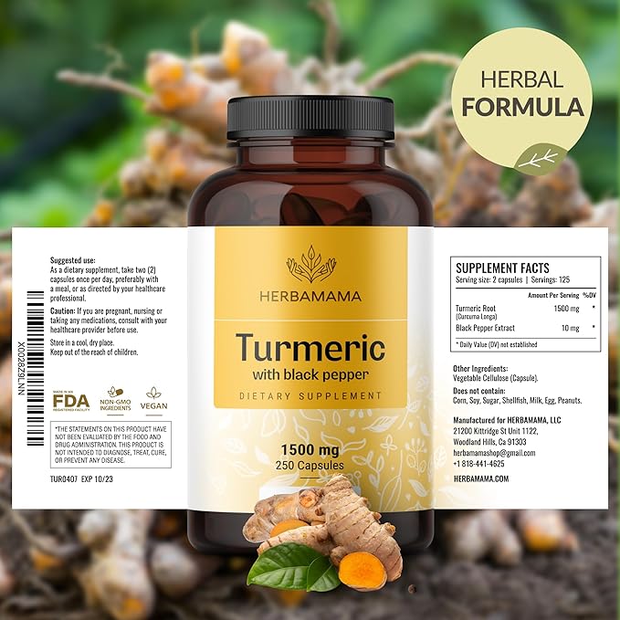 HERBAMAMA Curcumin Turmeric Capsules - 1500mg Curcuma Longa and Black Pepper Extract for Uric Acid & Digestive Support - Vegan, Non-GMO Turmeric Antioxidant Supplement, 250 Caps