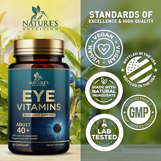 Eye Vitamins & Mineral Supplement - Contains Lutein, Zinc, Vitamins C, E & Zeaxanthin - Supports Eye Strain, Vision Macular Health & Dry Eyes for Seniors with Lycopene, Gluten Free - 60 Capsules