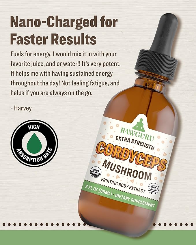 RawGuru Cordyceps Mushroom Supplement - Vegan Cordyceps Extract with Trace Minerals - Nano-Processed Immunity Boost & Cognitive Supplement Tincture - 60 Servings of Vegan Drops per 60 ml, Pack of 1