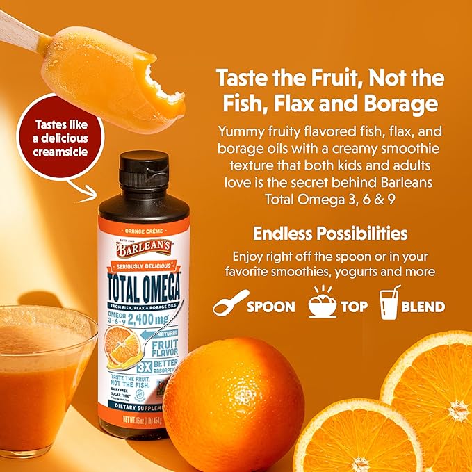 Barlean's Total Omega 3 Fish Oil Liquid Supplement, Orange Crème Flavored with Borage and Flaxseed Oils, 2,400 mg of Omegas 3 6 9 EPA and DHA Plus GLA, 16 oz