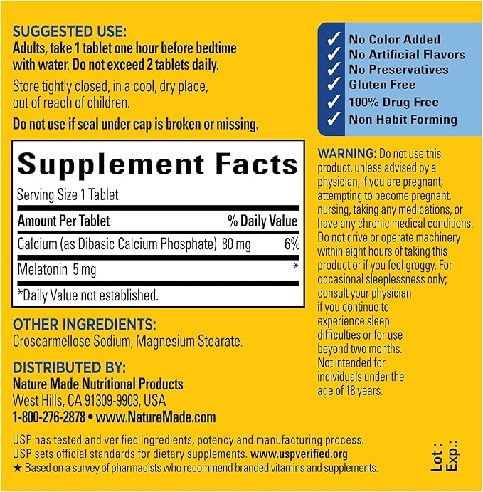 Nature Made Melatonin 5mg Extra Strength Tablets, 100% Drug Free Sleep Aid, Sleep Supplements for Adults, 300 Tablets, 300 Day Supply