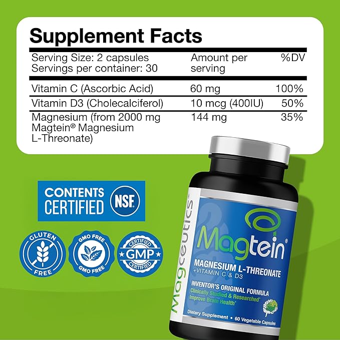Magnesium L-Threonate Supplement, Memory, Focus, Sleep & Brain Health Formula for Men & Women, Cognitive Support for Adults, Clinically Researched - 60 Veg Capsules