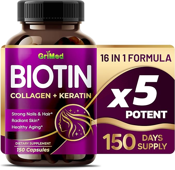 GriMed BIOTIN with Collagen + Keratin 7,275mg Strong Nails & Hair, Radiant Skin, Healthy Aging- USA Made & Tested (150 Count (Pack of 1))