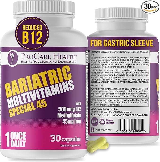 ProCare Health Bariatric Multivitamin with Iron (30 Capsule) 45mg Iron with Reduced B12 - Post-Op Bariatric Vitamins for Gastric Bypass Sleeve Patients, Sustains Recovery & Energy (1 Month Supply)