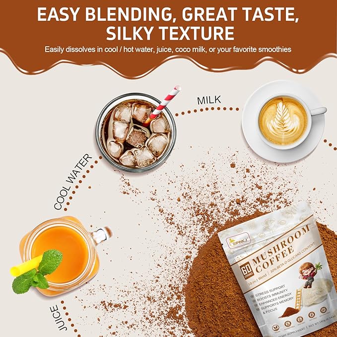 Mushroom Coffee Powder Organic (60 Servings) Instant Coffee Natural Ingredients - Lion's Mane, Cordyceps, Reishi, Chaga Mushrooms Powder Supplement Better Focus and Immunity, Gut Digestion