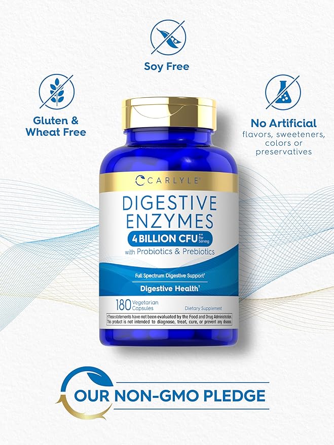 Carlyle Digestive Enzymes | with Probiotics & Prebiotics | 180 Capsules | Non-GMO and Gluten Free Supplement for Men & Women