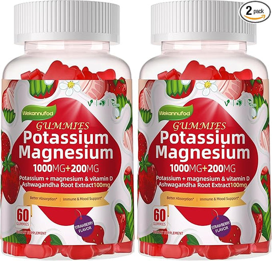 Potassium Magnesium Gummies,High Absorption Magnesium Glycinate,B6,D3,Potassium Citrate for Leg Cramps,Muscle,Electroyte for Adults Kids,Sugar-Free, 120 Gummies (Strawberry Flavor)