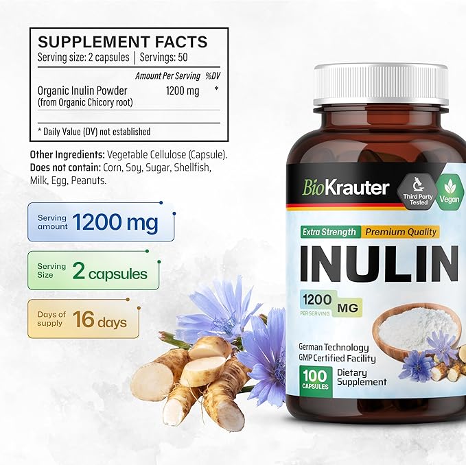 BIO KRAUTER Inulin Powder Capsules - 1200 mg Strength - 100 Count - Pure Soluble Fiber Supplements - Chicory Root Fiber Capsules for Digestive Support - Vegan