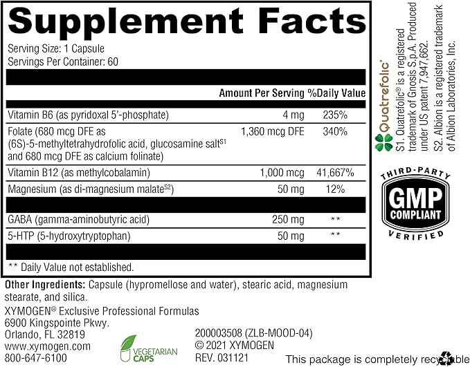 XYMOGEN Mood Food - Nervous System, Relaxation & Mood Support Supplement - Folate, B12, B6 with Magnesium, 5-HTP & GABA Supplement - Vegan & Non-GMO (60 Capsules)