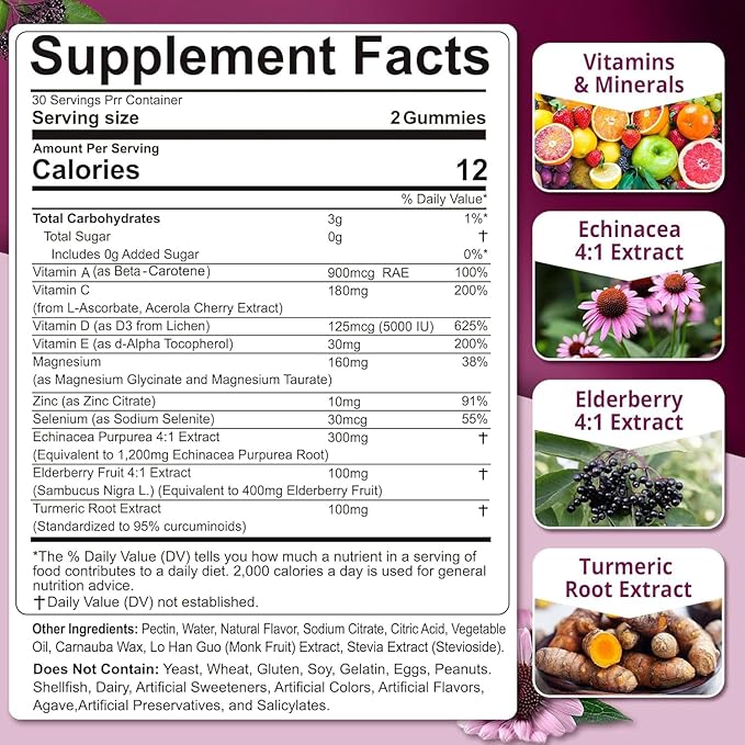 10-In-1 Immune Gummies with Multivitamins, 100% Daily Zinc, Vitamin C & D3 Immunity Supplement + Echinacea, Sambucus Elderberry, Turmeric, Magnesium - Immune Support, Overall Health, Sugar Free, 60Cts