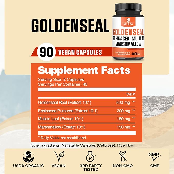 1000mg Goldenseal Root Capsule Extract 10:1 with Echinacea, Mullein Leaf, Marshmallow - Support Immune System, Digestive Health, Overall Well-Being & Body Management - 90 Veggie Capsules