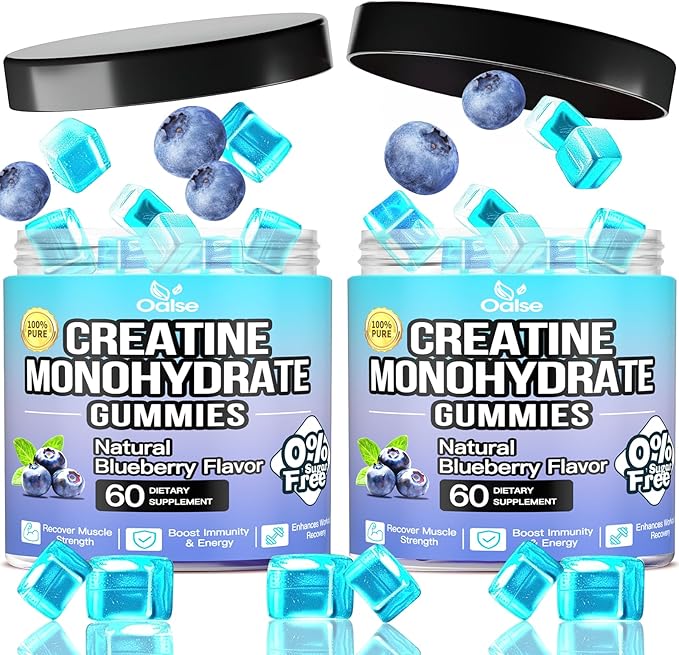 (2Pack,120 Count) Creatine Monohydrate Gummies for Men & Women 5000mg, Chewable Creatine Monohydrate with W/L-Taurine + Vitamin B12 for Muscle Support, Energy Boost - Sugar Free,Vegan (Blueberry)