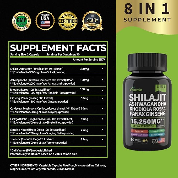 Shilajit and Ashwagandha Capsules, 8-in-1 Herbal Multivitamin for Men and Women, with Rhodiola Rosea, Ginseng, and Stinging Nettle, Shilajit for Men and Women