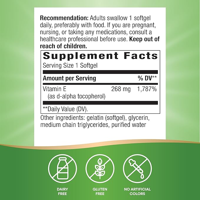 Nature's Way Vitamin E, D-Alpha Tocopherol, Essential Antioxidant, Helps Neutralize Free Radicals*, 268 mg per Serving, 100 Softgels (Packaging May Vary) - 2 Pack