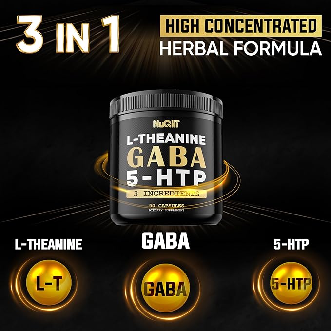 3in1 GABA Supplements 750mg L-Theanine 200mg & 5-HTP (5-hydroxytryptophan) - Equivalent to 1000mg - Support Brain Health, Concentration, Comfortable Mood - 90 Capsules