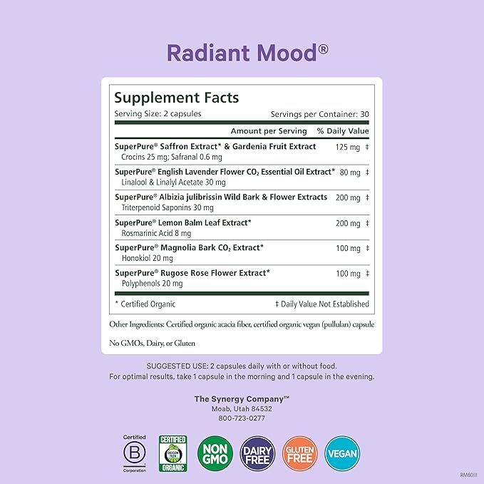 Pure Synergy Radiant Mood | Natural Mood and Sleep Supplement with Organic Saffron | with Saffron, Lemon Balm, and Magnolia Bark | for Sleep, and Stress Support (60 Capsules)