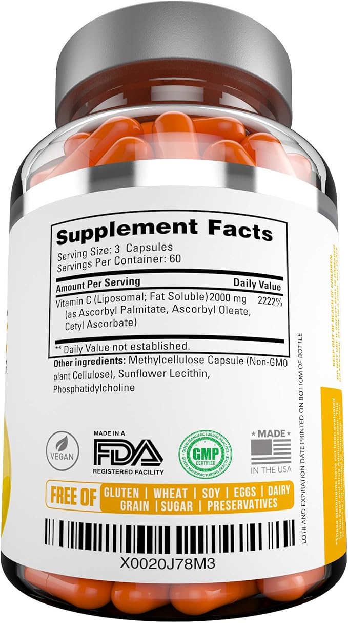 Premium Liposomal Vitamin C 2000mg - 180 Capsules –Ultra Potent High Absorption Ascorbic Acid, Supports Immune System & Collagen Booster - Powerful Antioxidant High Dose - Fat Soluble
