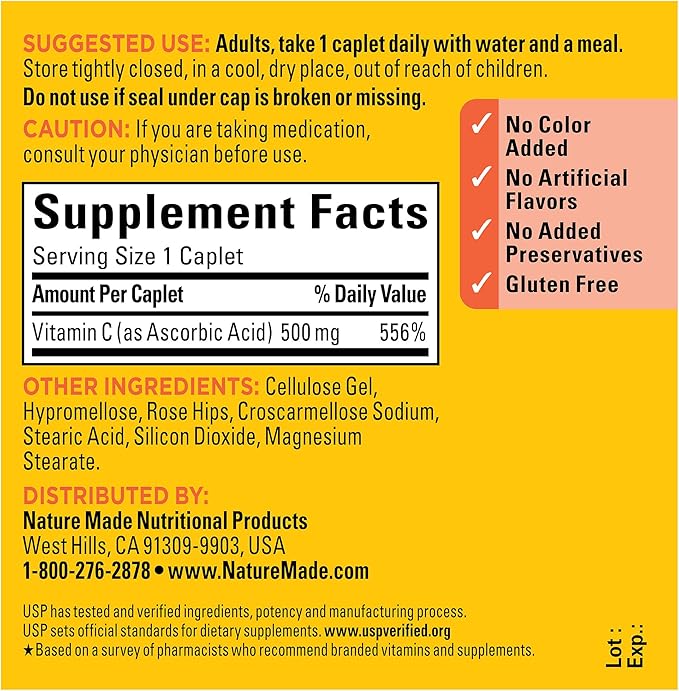 Nature Made Vitamin C 500 mg with Rose Hips, Dietary Supplement for Immune Support, 130 Caplets, 130 Day Supply