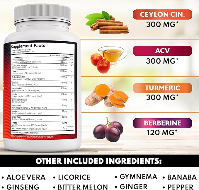 Ceylon Cinnamon, Turmeric, Apple Cider Vinegar, Ginseng, Aloe Vera, Berberine Plus Banaba, Ginger Root - 60 Count