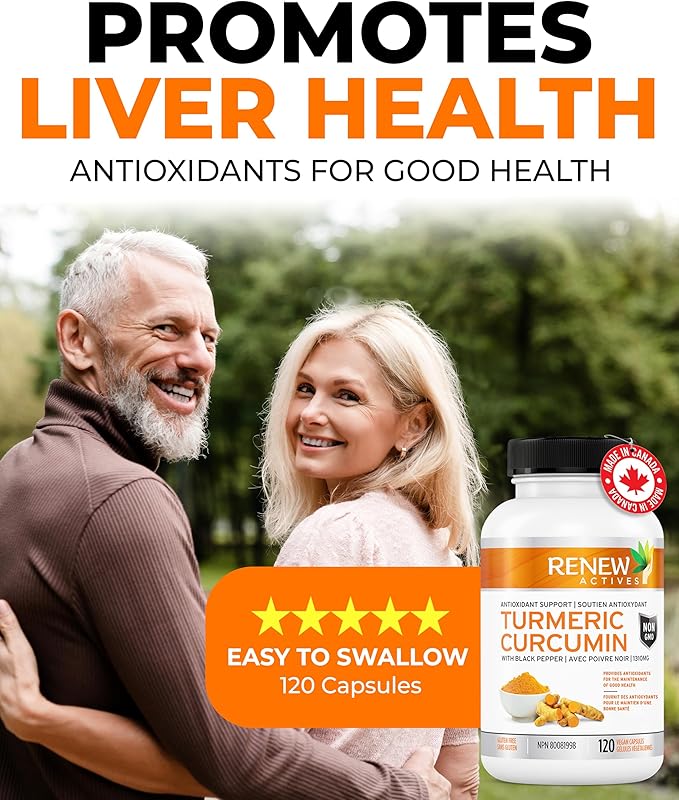 Renew Actives Turmeric Curcumin with Black Pepper – 600MG Turmeric Root, 100MG Curcuminoids per 2 Capsules – Supports Digestion, Liver Health, Joint Relief & Mobility – Made in Canada – 120 Capsules