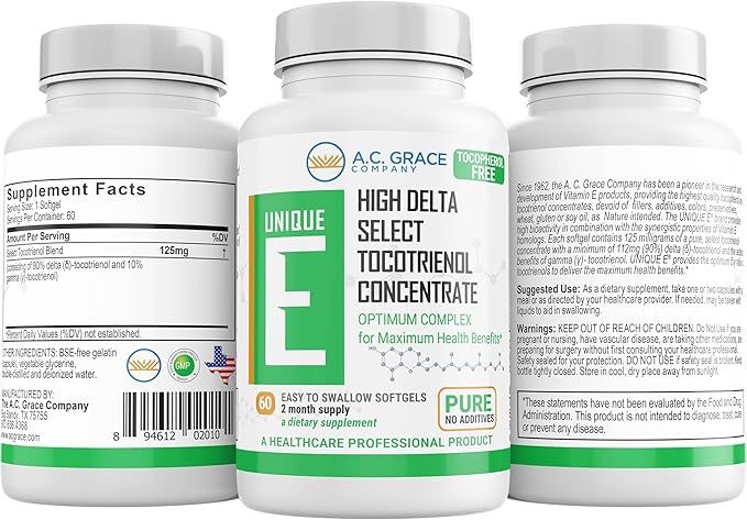 UNIQUE E A.C. Grace Company Mixed Tocopherols Concentrate Softgel 120 Count and Tocotrienols Tocopherol-Free Softgels 60 Count