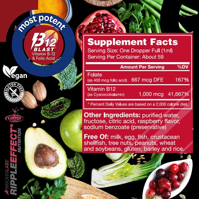 B-12 Blast Liquid Vitamin B12 and Folic Acid Supplement, Support Energy Production, Great Tasting Liquid Vitamin B12 Dietary Supplement in Natural Raspberry Flavor, 2 fl oz Bottle
