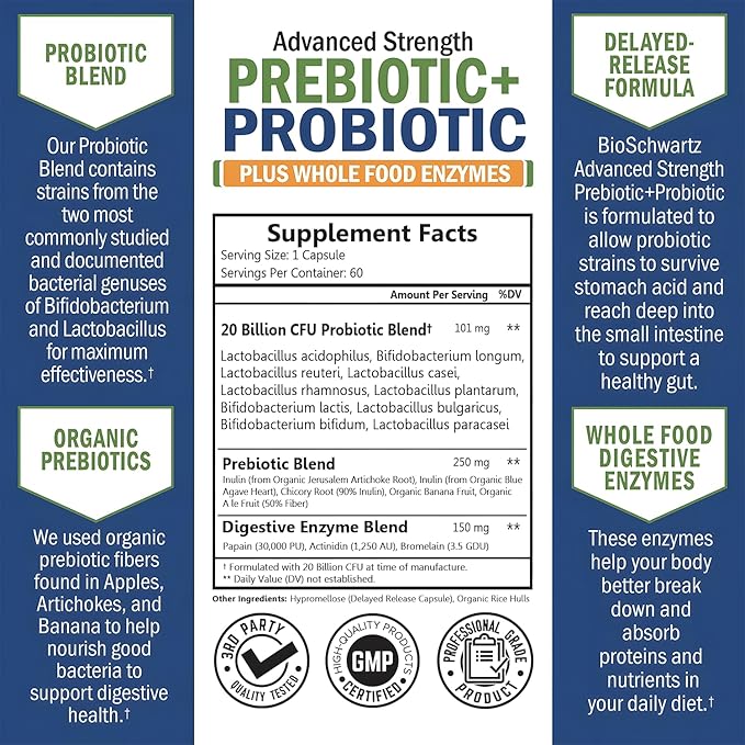 Prebiotics and Probiotic with Whole Food Enzymes for Adults Women & Men - Probiotics Lactobacillus Acidophilus - Digestive Health Capsules Shelf Stable Supplement - Non-GMO Gluten & Dairy Free -60ct