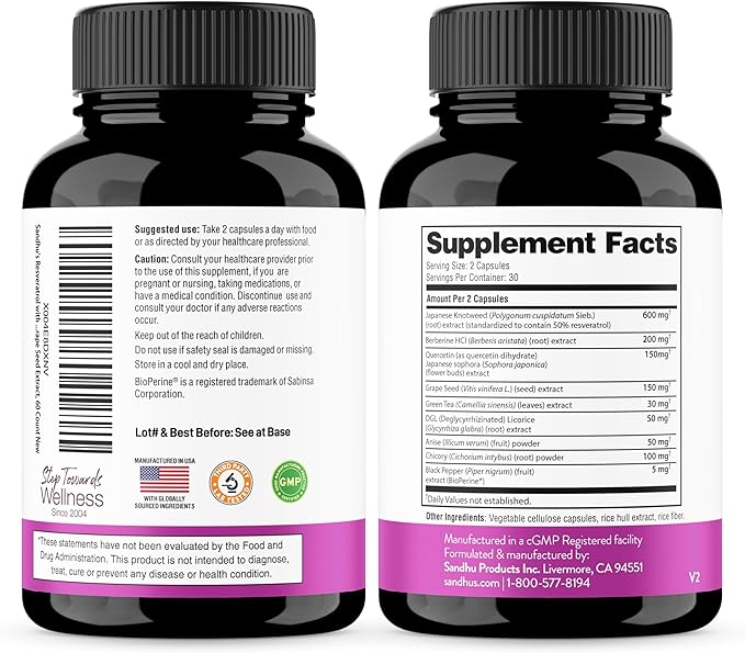 Resveratrol with Berberine for Gut Health | Digestive Supplement for Women and Men | Quercetin, Green Tea, Star Anise, DGL & Grape Seed Extract | 120 Vegetarian Capsules for Adults
