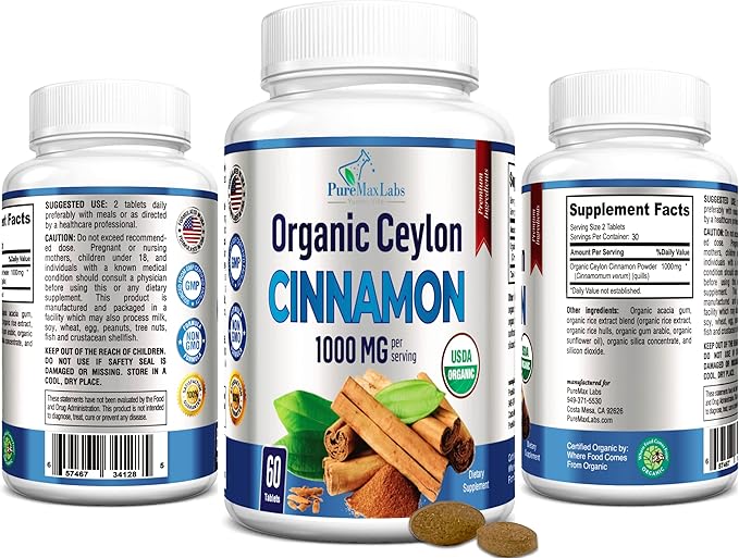 Organic Ceylon Cinnamon - 1000mg per Serving, Certified Organic True Cinnamon Supplement, antioxidant, Fast Absorption - 60 Tablets