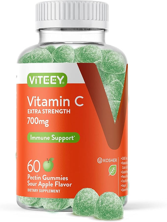 Vitamin C Gummies for Adults & Teens, 700mg Extra Strength - Immune Support Gummies - Immune Booster - Vegan, Gelatin Free, Gluten Free - Tasty Vitamin C Chewable Sour Apple Flavored Gummy