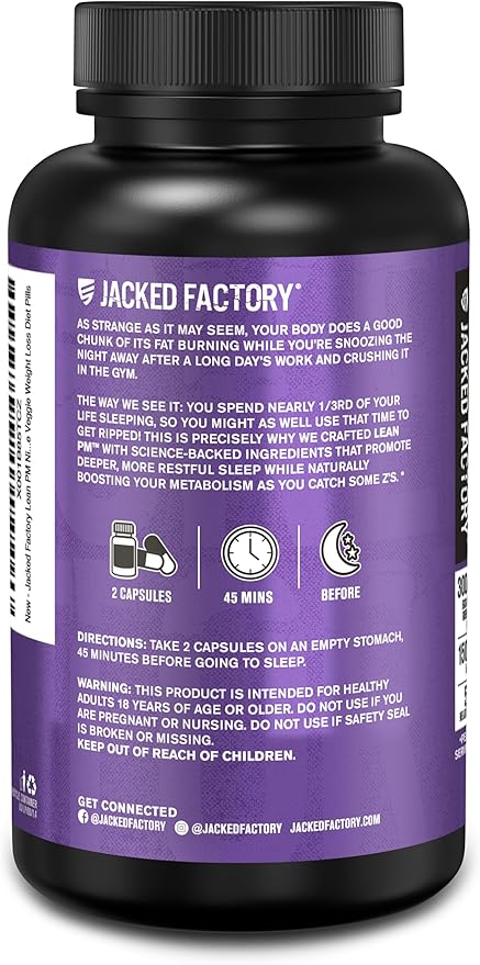 Jacked Factory Lean PM Night Time Fat Burner, Sleep Aid Supplement, & Appetite Suppressant for Men and Women - 60 Stimulant-Free Veggie Weight Loss Diet Pills