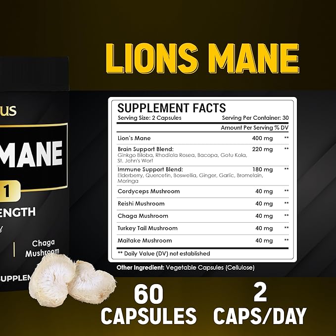 Zolotus Lions Mane Mushroom Capsules with Cordeyceps, Elderberry, Ginkgo Biloba, Bacopa - 60 Capsules