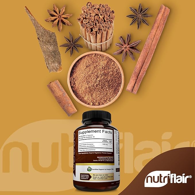 NutriFlair Organic Ceylon Cinnamon (100% Certified Organic Ceylon Cinnamon) 1200mg per Serving, 180 Capsules - Joints, Inflammatory, Antioxidant