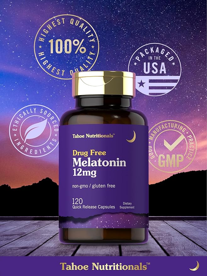 Tahoe Nutritionals Melatonin 12 mg | 120 Quick Release Capsules | Drug Free Supplement | Non-GMO, Gluten Free