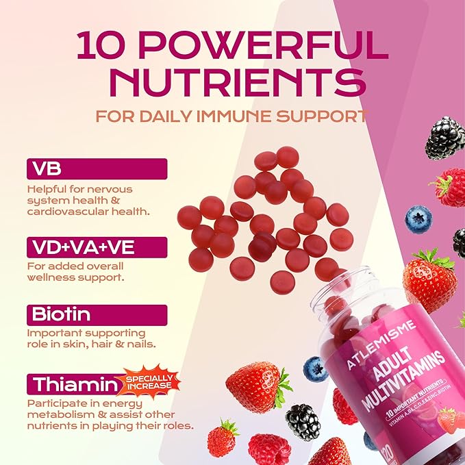 Adults Multivitamin Gummies,Mixed Berry Flavor,Essential Daily Vitamins A, C, D2, E, B5, B6, B12, Biotin & Zinc for Teens and Adults, 120 Count, 3g Each,Gelatin Free,Gluten-Free,Non-GMO