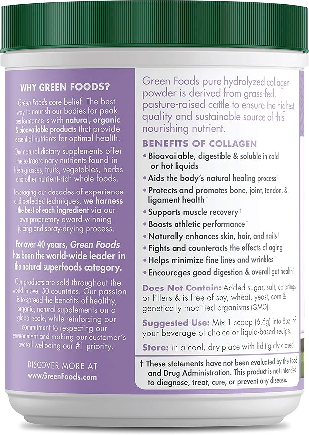 Green Foods Grass Fed Pasture Raised Hydrolyzed Collagen Peptides Protein Powder 7oz - 30 servings