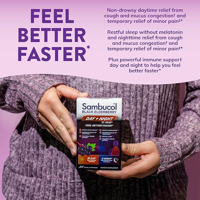 Sambucol Black Elderberry Day & Night Relief - Feel Better Faster, Cough & Mucus Relief for Adults, Immune Support, Non-Drowsy Daytime Relief, Restful Sleep, Melatonin-Free - 24 Capsules, 1 Pack