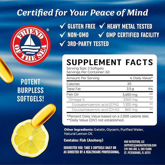 Triple Strength Omega 3 Fish Oil 3600 mg | EPA & DHA | Over 2100mg Omega-3 Fatty Acids | 1300mg EPA + 860mg DHA | Best Essential Fatty Acids | Premium Wild Caught & Burpless Fish Oil | 180 Ct