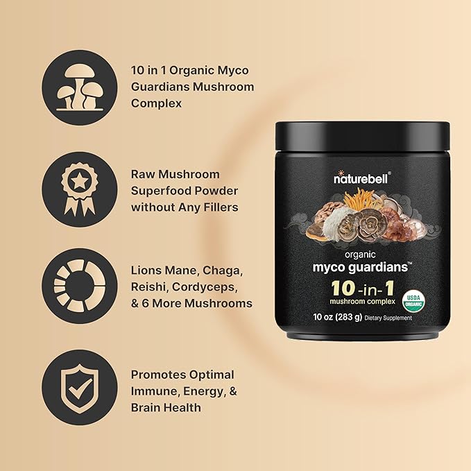 Organic 10-in-1 Mushroom Powder, 10oz | Lions Mane, Shiitake, Reishi, Turkey Tail, Chaga & More | Great Mushroom Supplement for Coffee | Energy, Immune Booster, & Brain Health Support | No Fillers