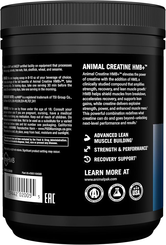 Animal Creatine with Full Dosage 3g HMB – Muscle Growth, Strength & Energy Support – Easy Mix and Delicious Taste - HMB + Electrolytes – 30 Servings – Dragon Berry