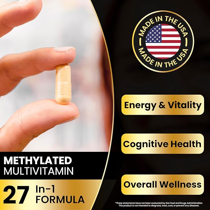 Eliixr Methylated Multivitamin Supplement for Men and Women with Active Methyl B12 and 5-MTHF Methylfolate 60 Vegetable Capsules Iron Free Made in The USA