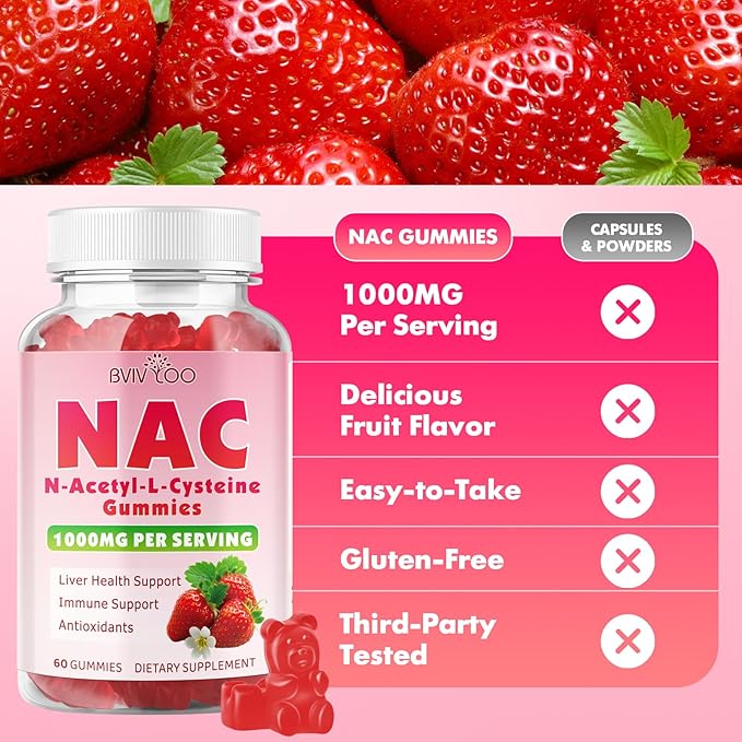 2 Pack Sugar-Free 1000mg NAC Gummies, N-Acetyl Cysteine Supplement for Antioxidants & Immune Support, 120 Vegan Gummies