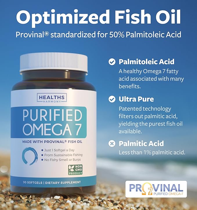 Purified Omega 7 Softgels (3 Month Supply) More Omega 7 & Less Palmitic Acid Than Sea Buckthorn Oil - Provinal Sustainable Peruvian Anchovy Fish Oil Supplement - Non-GMO & Gluten Free - 90 Capsules