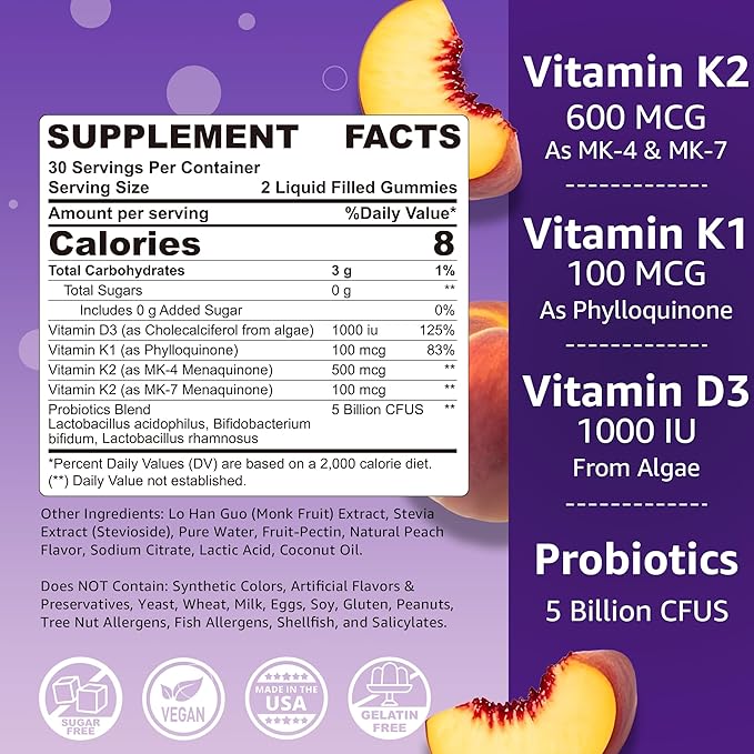 NEVISS Sugar-Free Full Spectrum Vitamin K2 Gummies (MK-4 500mcg & MK-7 100mcg) + K1, D3 for Women & Men - 60 Gummies