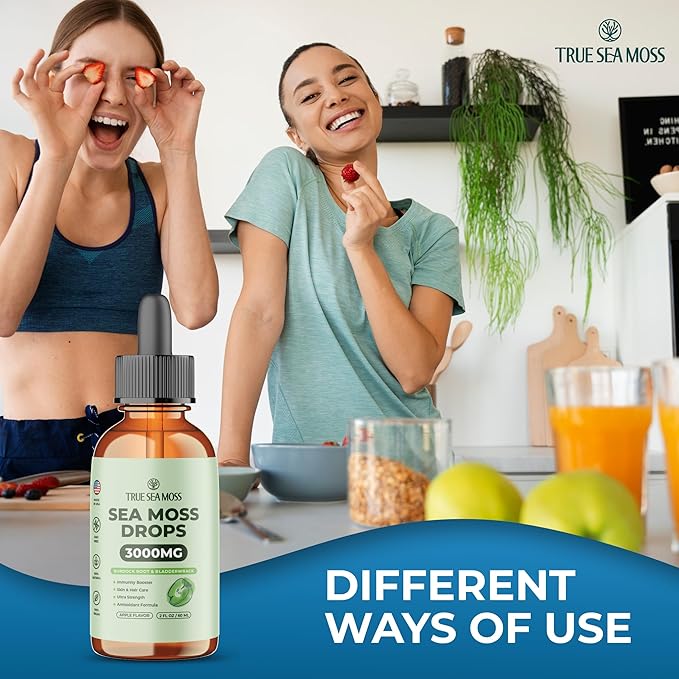 Irish Sea Moss Drops - 5X Stronger Than Sea Moss Gel - 92+ Essentials Minerals - with Bladderwrack, Burdock Root & Black Cumin - 2 Fl Oz (60ml) - Apple Flavor