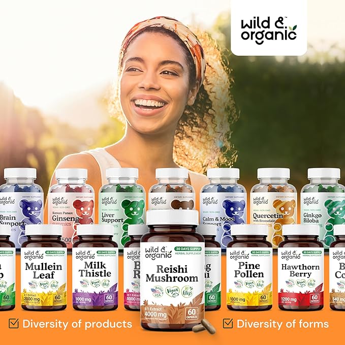 Wild & Organic Reishi Mushroom Capsules 1000 mg - Immune & Energy Support - Red Reishi Mushroom Extract - Ganoderma Lucidum Supplement - 60 Vegan Capsules - 30 Days Supply, Non-GMO, Gluten-Free